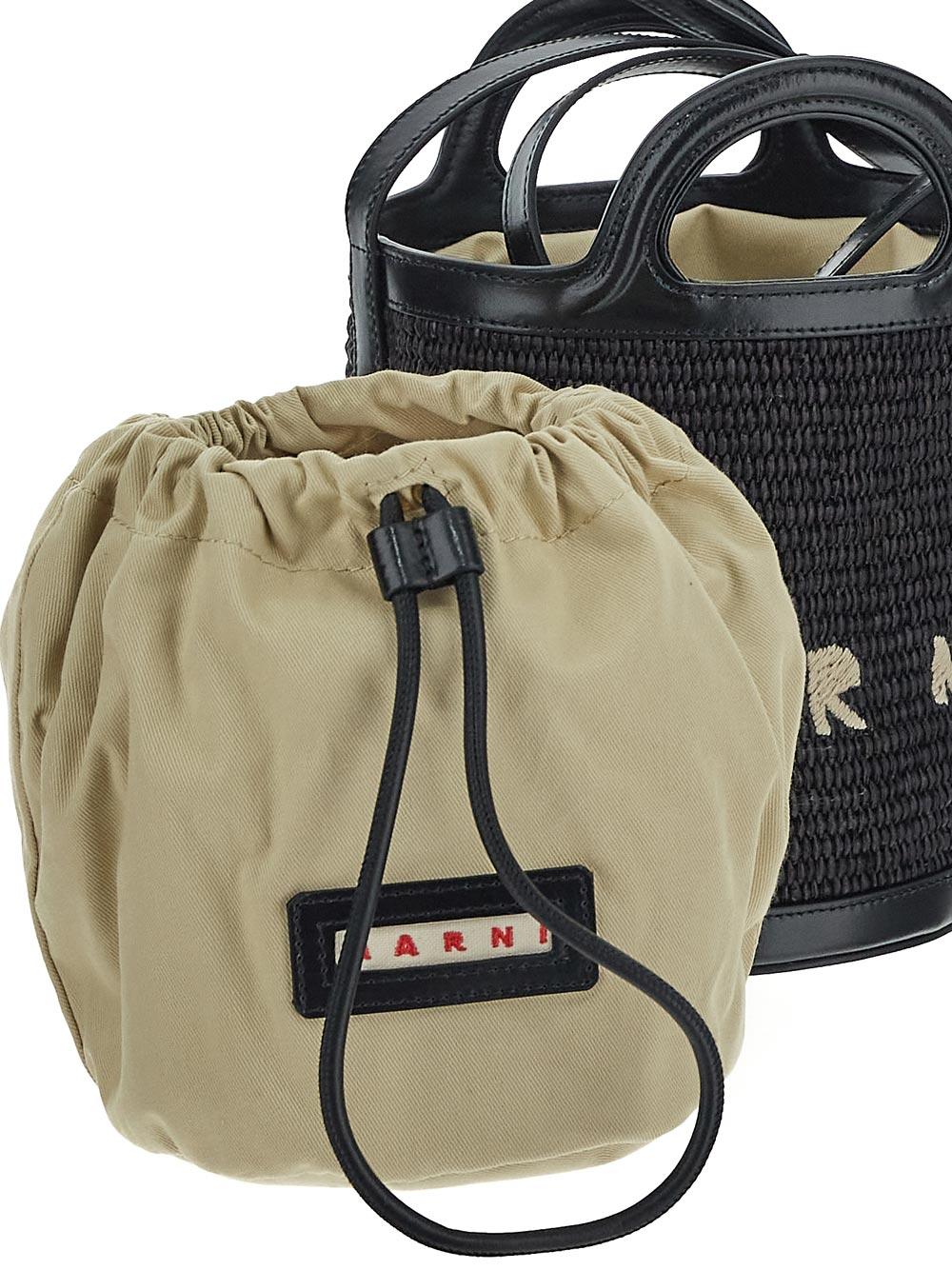Marni Tropicalia Small Bucket Bag In Black Leather And Raffia-Effect Fabric