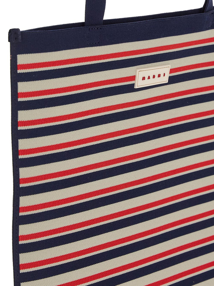 Marni Navy White And Red Jacquard Stripe Flat Tote Bag