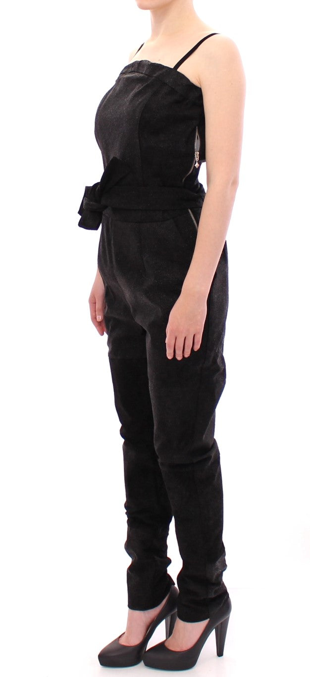 La Maison du Couturier Elegant Black Leather Jumpsuit with Waist Strap