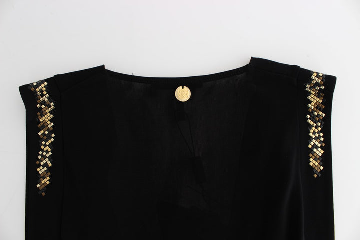 Roccobarocco Elegant Sleeveless Black Mini Dress with Gold Details