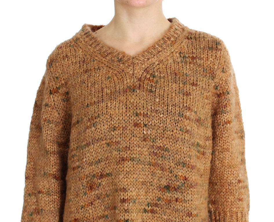 PINK MEMORIES Chic Brown Oversize Knitted V-Neck Sweater
