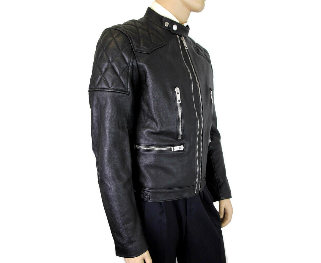Burberry Burberry Men's Black Leather Diamond Quilted Biker Jacket