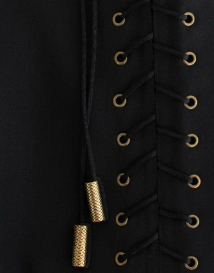 Cavalli Elegant Black Pleated Lace A-Line Skirt