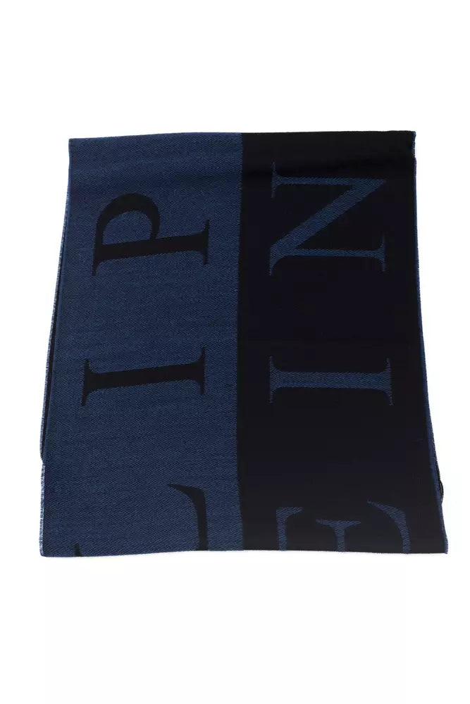 Philipp Plein Elegant Blue Wool-Blend Fringed Scarf