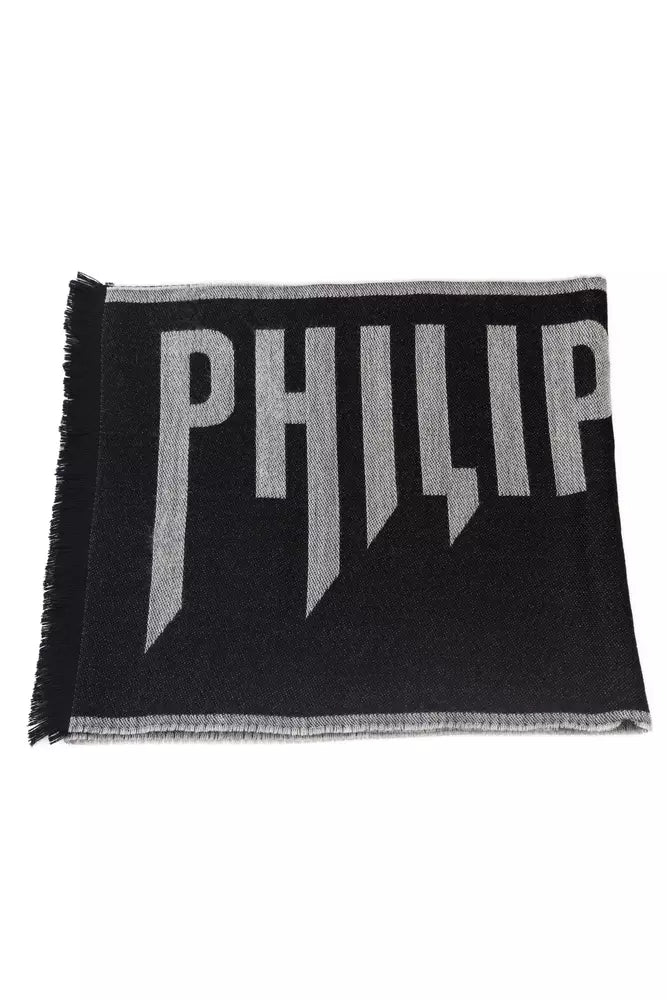 Philipp Plein Elegant Gray Fringed Wool Blend Scarf