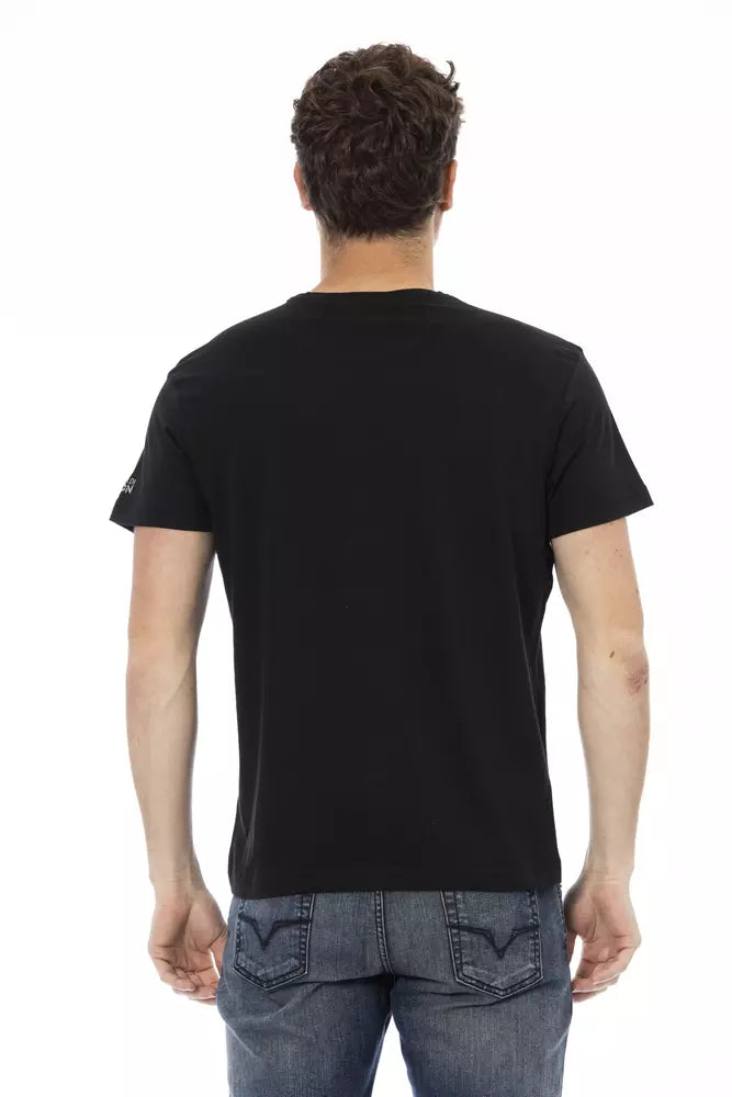 Trussardi Action Sleek Black Graphic Tee with Artistic Flair