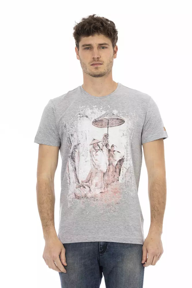Trussardi Action Chic Gray Cotton-Blend Tee with Artistic Front Print