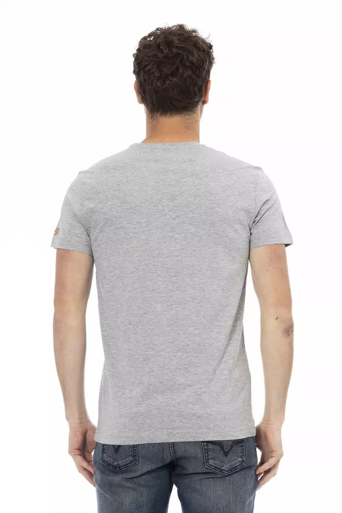 Trussardi Action Chic Gray Cotton-Blend Tee with Artistic Front Print