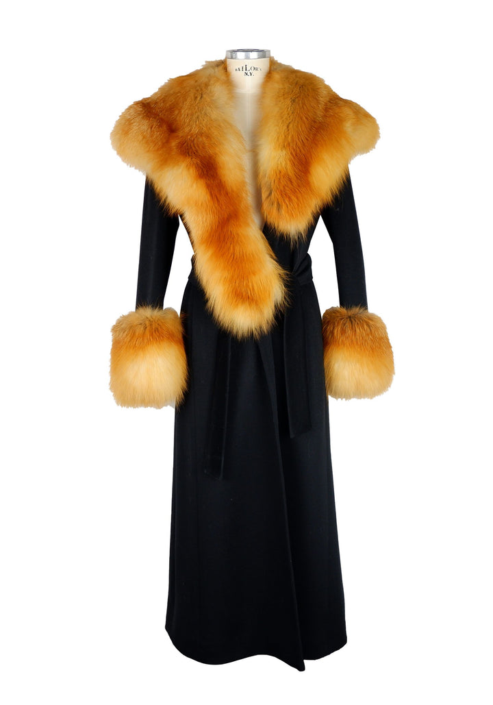 Made in Italy Elegant Black Wool Coat with Fox Fur Accents