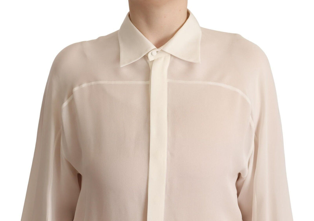 Dsquared² Off White Silk Long Sleeves Collared Blouse Top