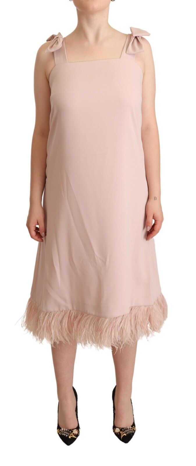 P.A.R.O.S.H. Chic Sleeveless Midi Dress with Feather Trim
