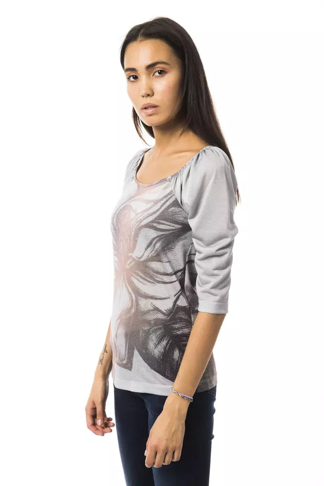 BYBLOS Chic Open Neck Long Sleeve Tee in Gray