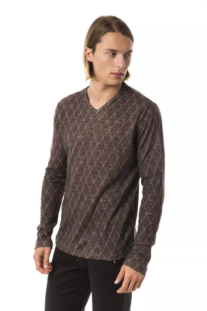 BYBLOS Classic V-Neck Patterned Sweater in Earthy Brown
